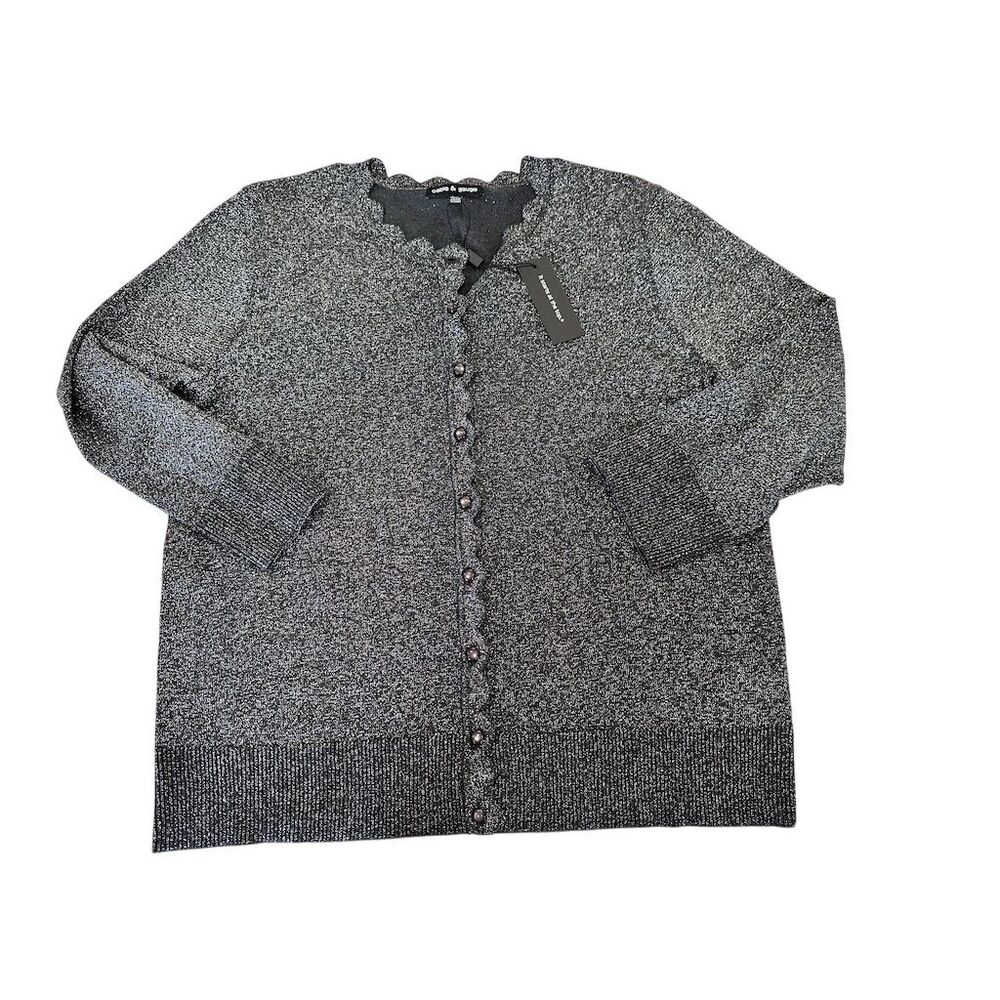 Cable & Gauge Women's Black Metallic Cardigan Sweater Sz L Scalloped Edge